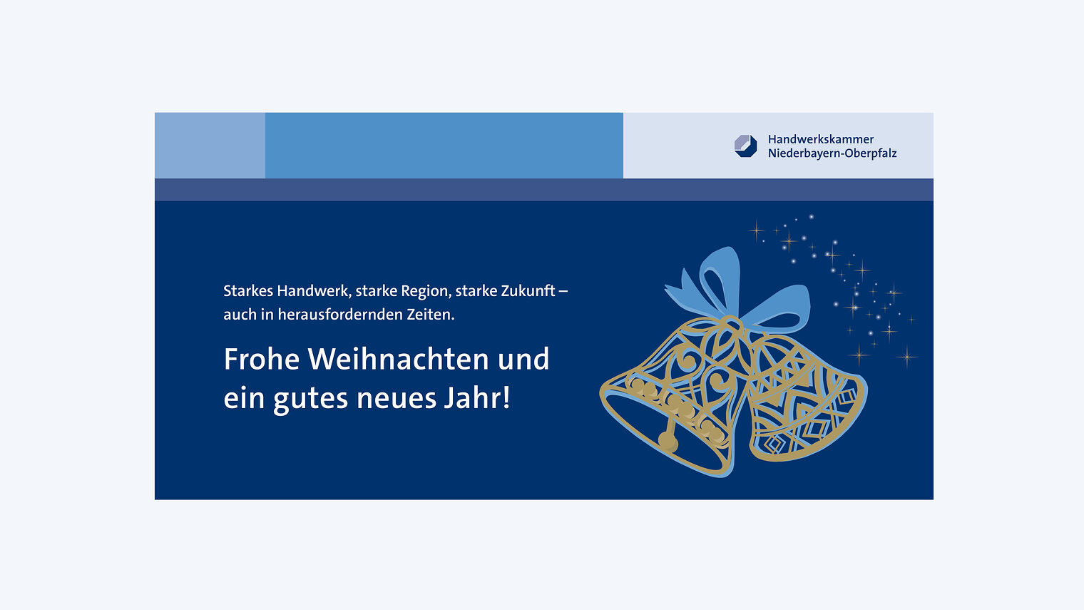Weihnachtskarte mit Glocke und Spruch: Frohe Weihnachten und ein gutes neues Jahr