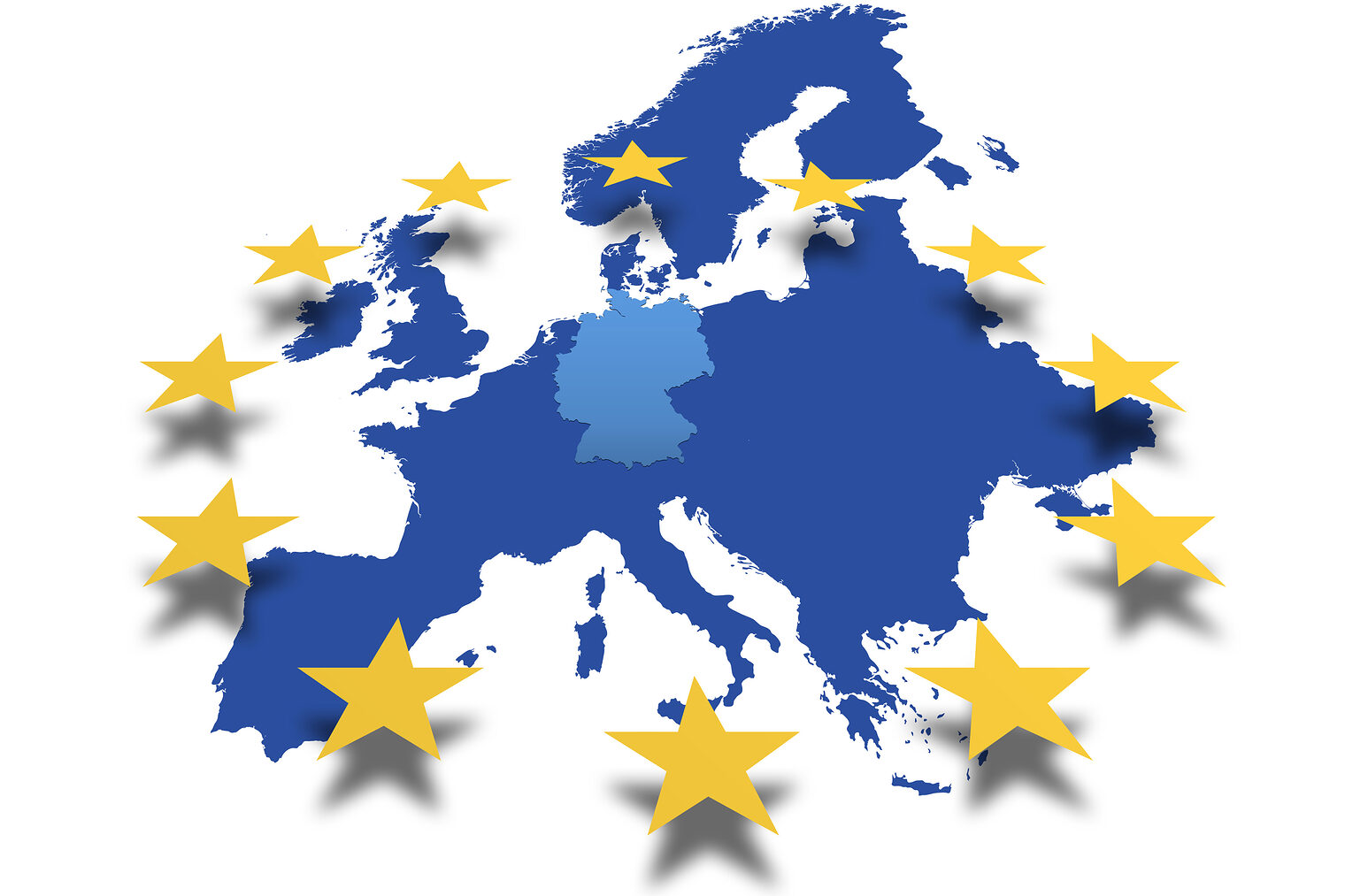 Auf einer dunkelblauen Europakarte sind 12 goldenen Sterne ringsherum sichtbar, Deutschland wird hellblau hervorgehoben.
