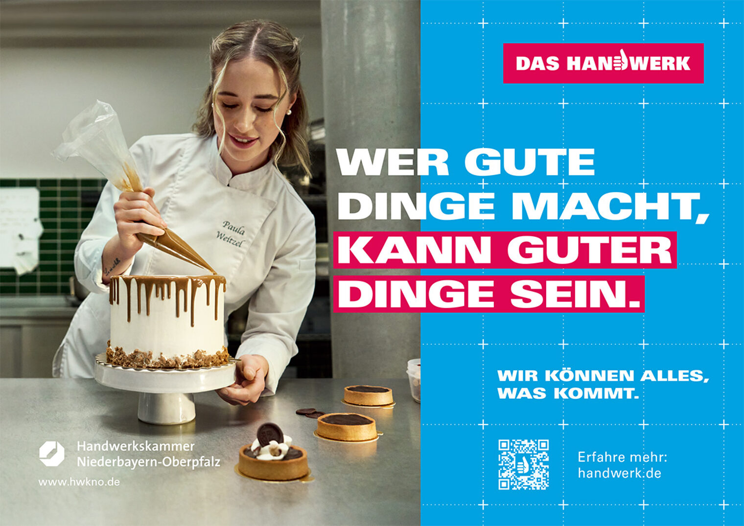 Eine Konditorin verziert eine Torte nach dem Motto der Imagekampagne „Wer gute Dinge macht, kann guter Dinge sein“.