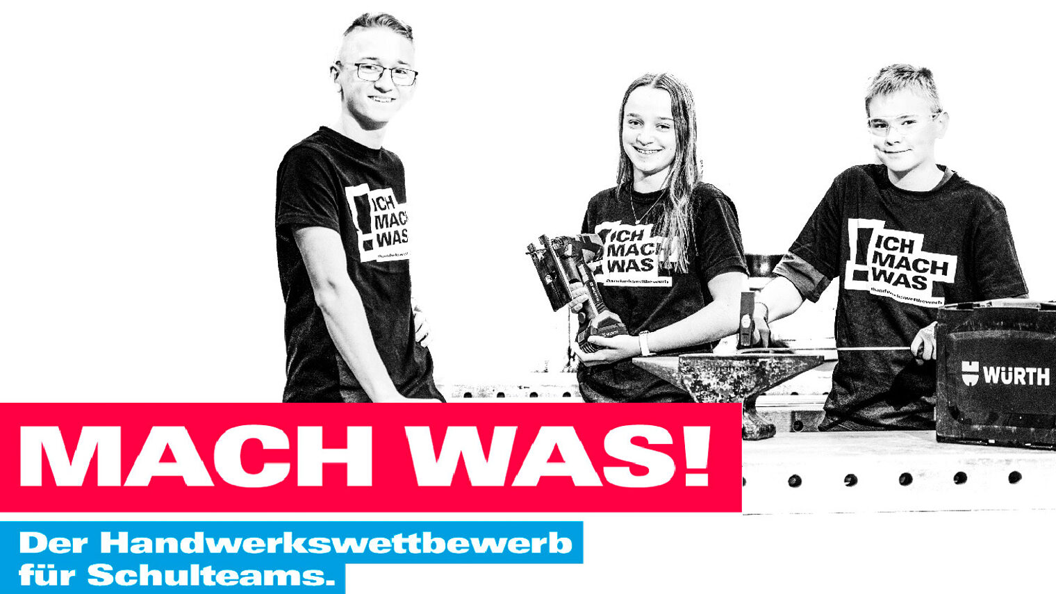 Das Titelbild zur Schul-Kampagne "Mach was" zeigt drei Jugendliche mit Werkzeugen in der Hand. 