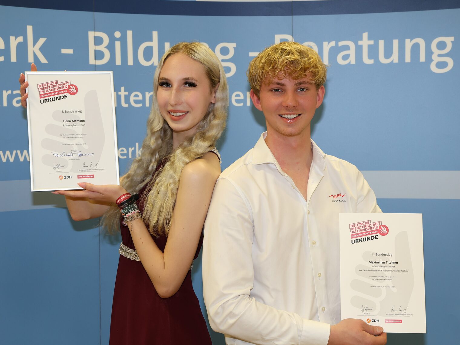 Fahrzeuglackiererin Elena Artmann und Informationselektroniker Maximilian Tischner gehören zu Deutschlands besten Gesellinnen und Gesellen.
