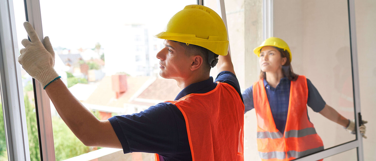 Ein Fensterbauer und eine Fensterbauerin montieren eine Balkontür in einem Neubau. Sie tragen Warnwesten und Helme.